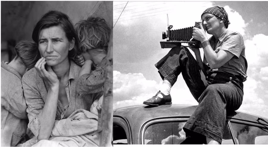 Nhiếp ảnh gia Dorothea Lange (phải) và bức ảnh 'Người mẹ di cư'.