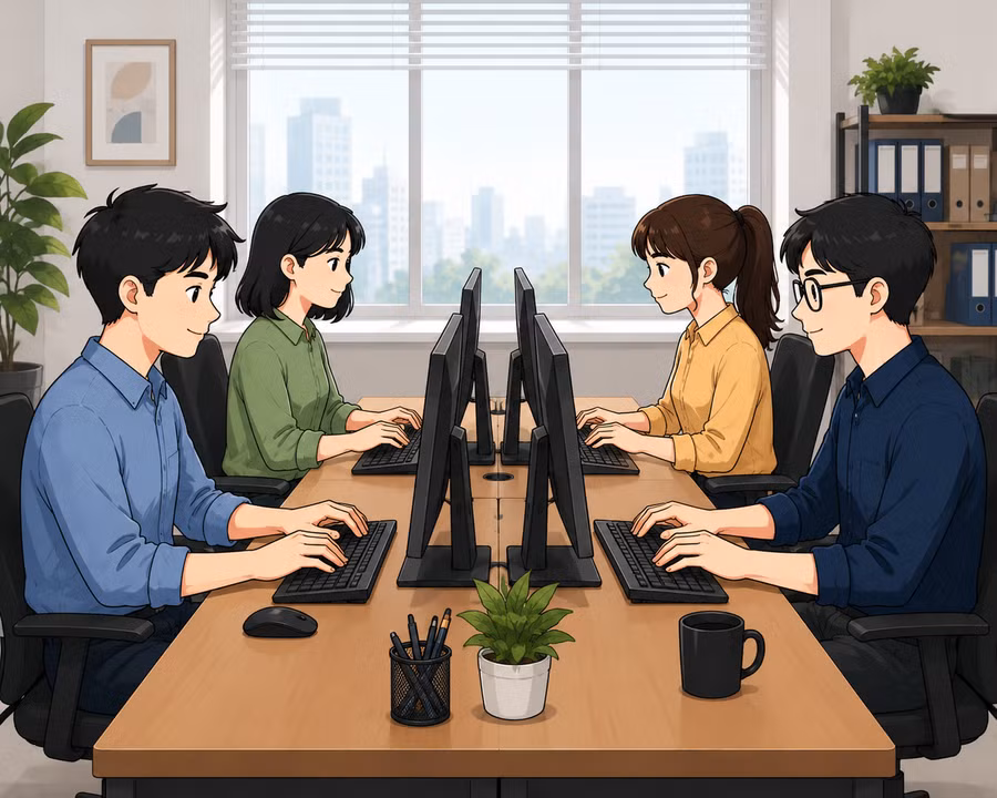 Ngày càng vắng tiếng trao đổi, chuyện trò trực tiếp ở công sở. Ảnh minh họa từ AI.