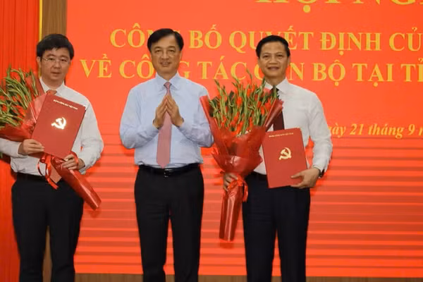 Ông Nguyễn Duy Ngọc, Trưởng Ban Tổ chức Trung ương trao quyết định của Bộ Chính trị đối với ông Vương Quốc Tuấn và ông Bùi Hoàng Phương. Ảnh: HT