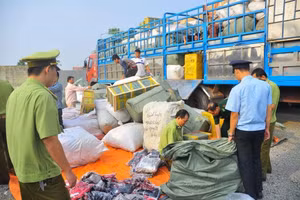 Lực lượng chức năng kiểm tra hàng hóa có dấu hiệu vi phạm.