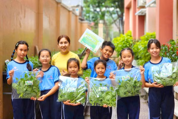 Học sinh Trường Tiểu học Đặng Trần Côn thực hành kỹ năng trồng trọt nông nghiệp ngay tại trường.