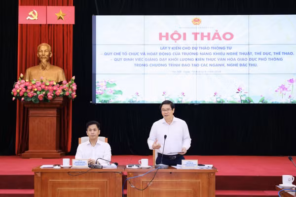 Vụ trưởng Vụ Giáo dục Phổ thông Thái Văn Tài phát biểu tại hội thảo.