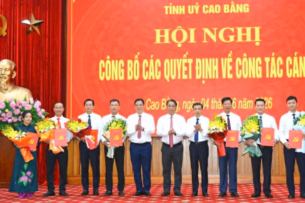 Lãnh đạo tỉnh Cao Bằng trao quyết định, chúc mừng các cán bộ nhận nhiệm vụ mới.