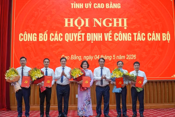 Lãnh đạo tỉnh Cao Bằng trao quyết định, chúc mừng các cán bộ nhận nhiệm vụ mới. Ảnh: BCB