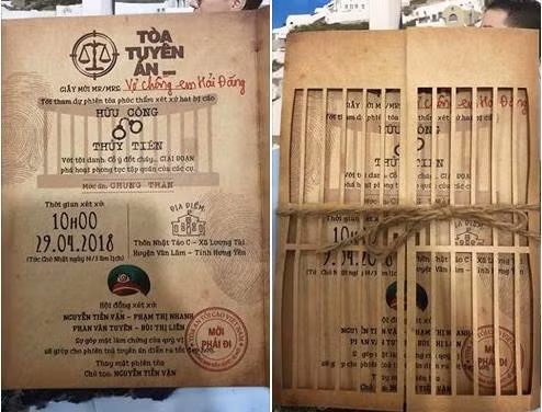 Tấm thiệp cưới theo phong cách "Tòa tuyên án" của đôi trẻ Hà Thành từng "gây sốt" trên mạng hồi tháng 4/2018. Chú rể Hữu Công cho Zing.vn biết đây là sản phẩm do anh tự thiết kế, mô phỏng theo việc tuyên án - hai vợ chồng phải nhận án "chung thân", sống với nhau cả đời. Anh mất 5 ngày để lên ý tưởng và hoàn thiện thiệp cưới. Ảnh: Hữu Công. Nhung kieu thiep cuoi doc dao, lam