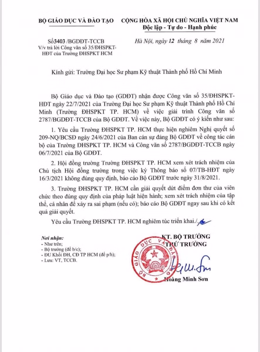 Công văn phản hồi cho giải trình của Trường ĐH SPKT TPHCM từ Bộ GD&amp;ĐT