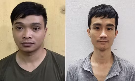 Hai đối tượng Mặc Duy Lương và Ngô Anh Thái tại cơ quan công an, ảnh: QTV 