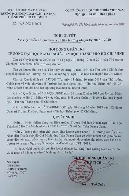 Nghị quyết của HĐQT trường HUFLIT về việc miễn nhiệm chức vụ hiệu trưởng với ông Trần Quang Nam