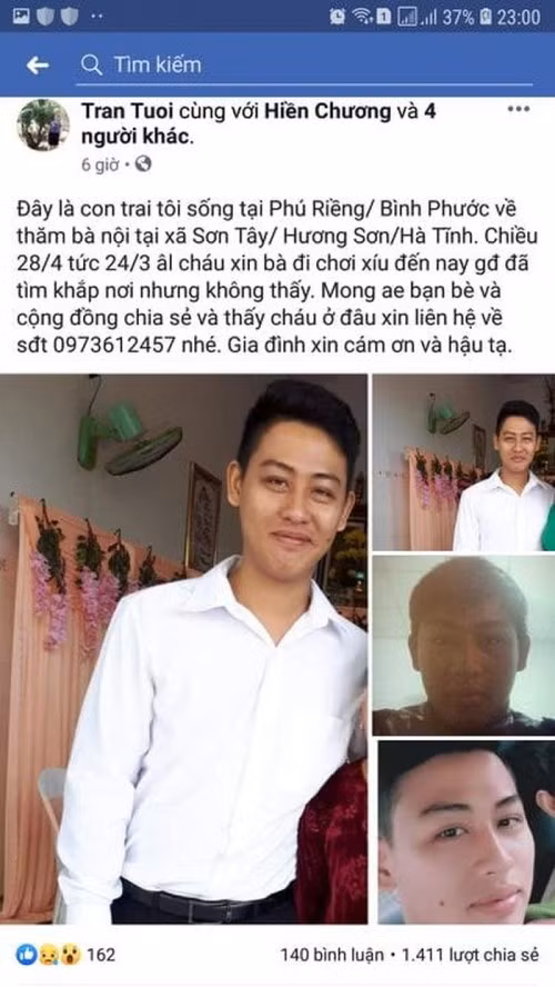 Chị Tươi liên tục đăng hình ảnh và thông tin của con trai nhờ cộng đồng mạng giúp đỡ tìm kiếm. Chị Tươi liên tục đăng hình ảnh và thông tin của con trai nhờ cộng đồng mạng giúp đỡ tìm kiếm.