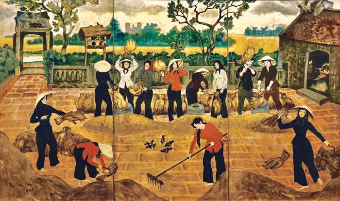 Tác phẩm "Đập lúa" - sơn mài/1991.