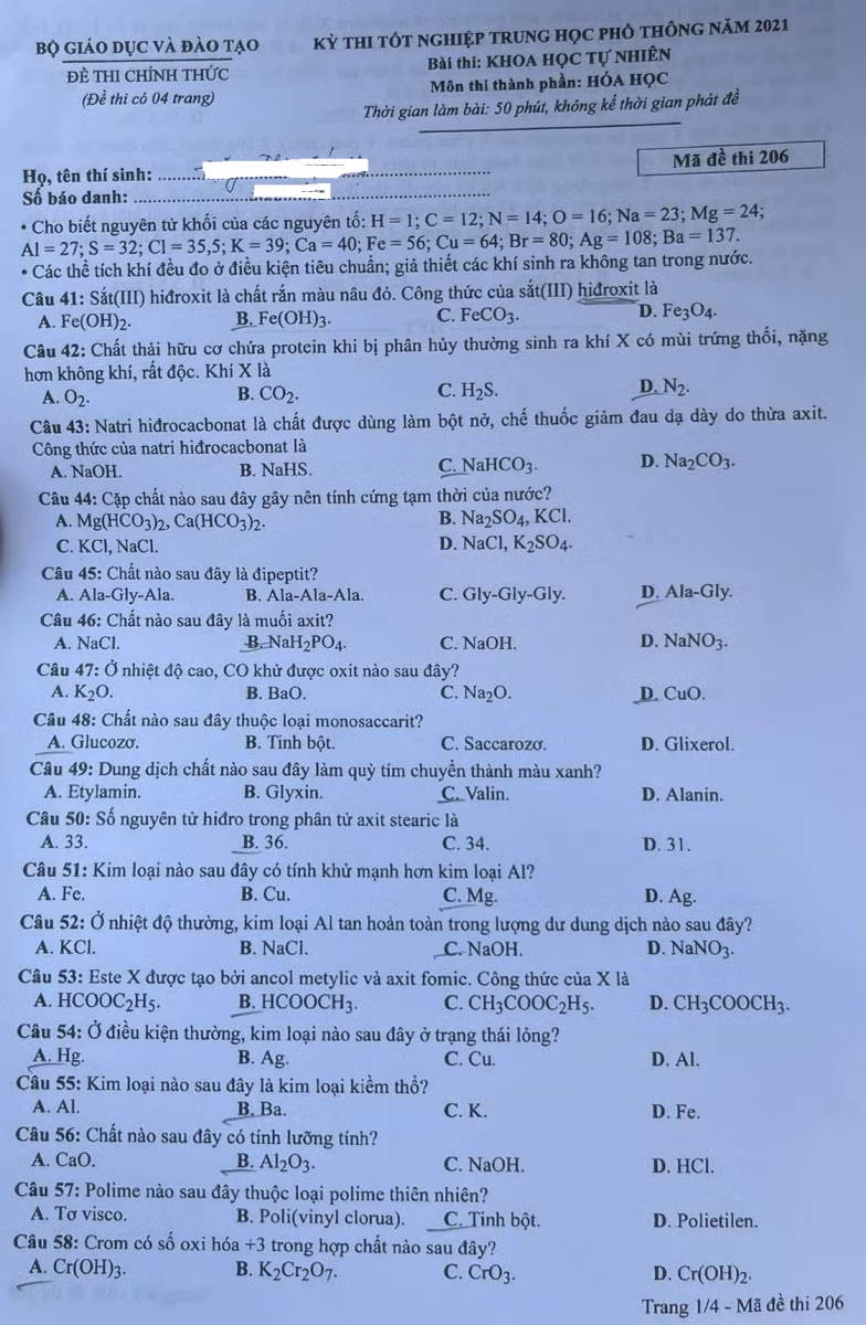 Gợi ý đáp án đầy đủ 24 mã đề môn Hóa học thi tốt nghiệp THPT năm 2021 ảnh 18