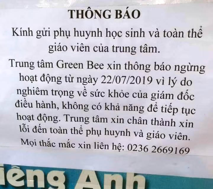 Phụ huynh bất ngờ bởi lý do nêu ra trong thông báo dừng hoạt động đột ngột của Trung tâm ngoại ngữ Green Bee