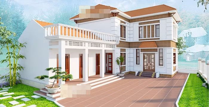 Tông màu trắng sáng chủ đạo, hình khối kiến trúc vuông vắn là những điểm nhấn tạo nên sức hút cho mẫu nhà 2 tầng chữ L. 
