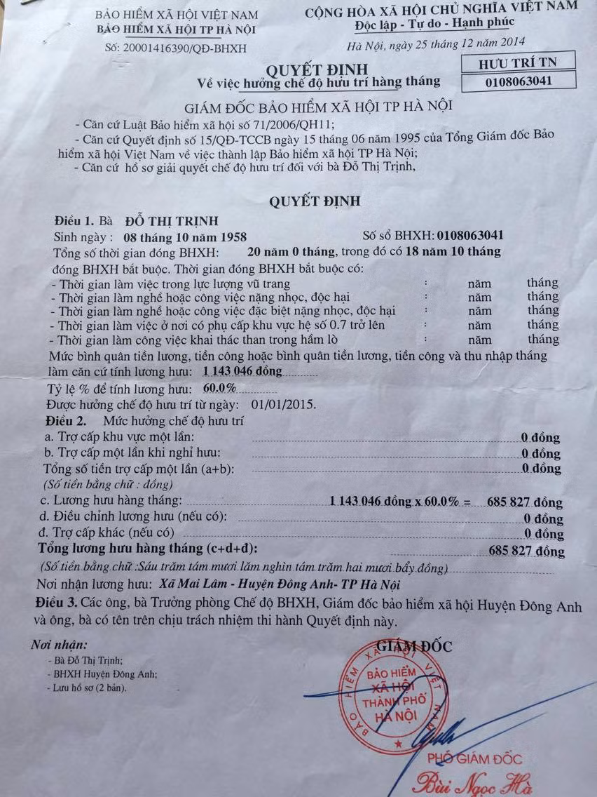 Bảng lương hưu ban đầu của cô Đỗ Thị Trịnh sau 29 năm công tác