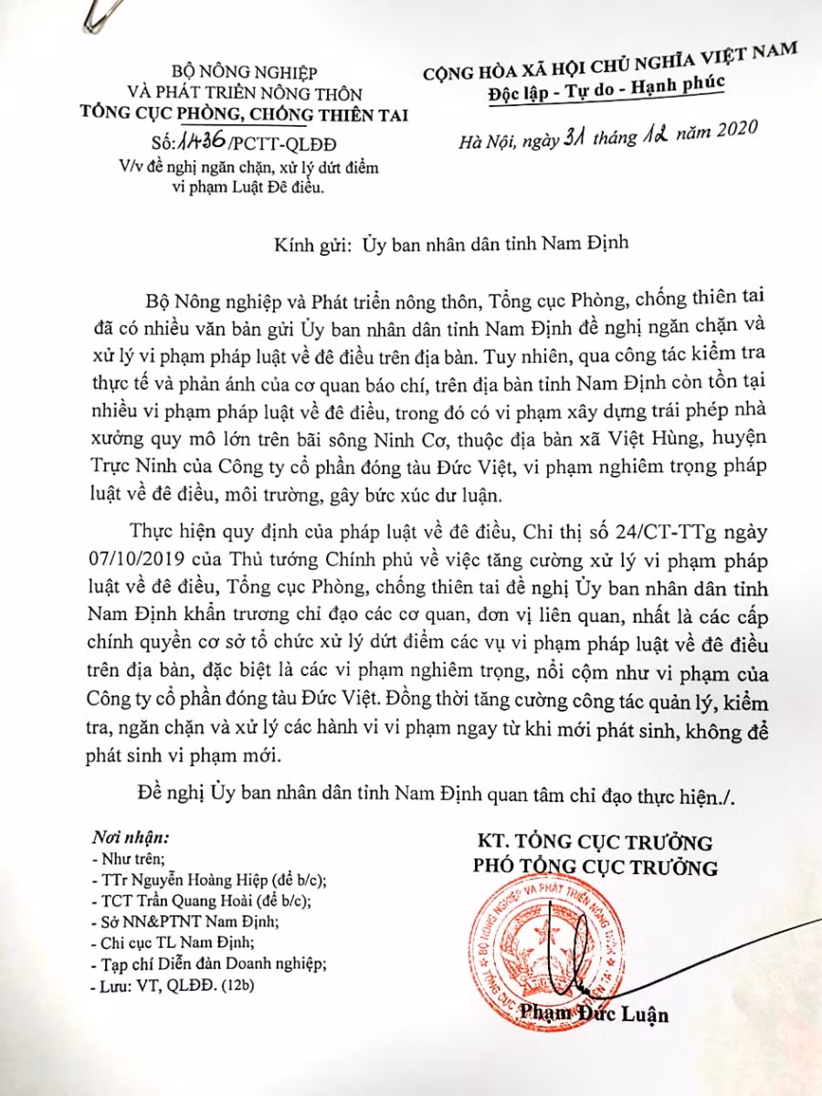 Tổng cục Phòng, chống thiên tai gửi công văn đề nghị UBND tỉnh Nam Định ngăn chặn xử lý vi phạm đê điều.