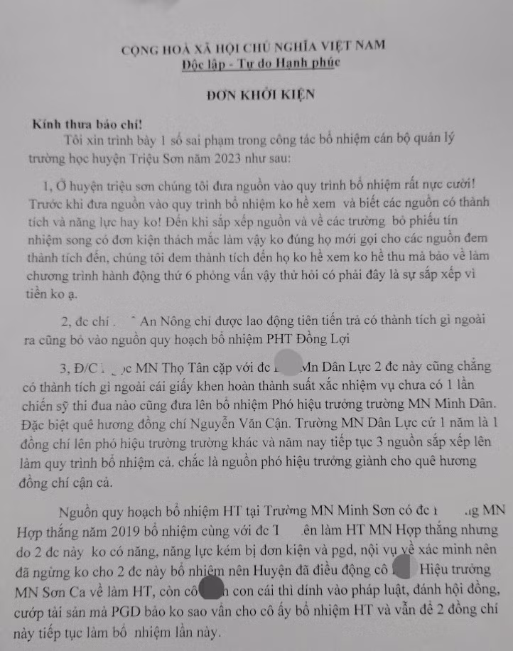 Đơn "tố" của giáo viên gửi đến cơ quan báo chí. (Ảnh: NT)