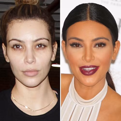 Mặt mộc của Kim Kardashian sẽ khiến nhiều người sốc khi lần đầu nhìn thấy. Phải nói rằng, để tạo ra khuôn mặt sắc nét, không tì vết như ảnh phải, bà mẹ một con phải "tô son trát phấn" rất dày và kỹ càng.