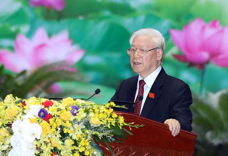 Tổng Bí thư, Chủ tịch nước Nguyễn Phú Trọng, Bí thư Quân ủy Trung ương phát biểu chỉ đạo Đại hội.