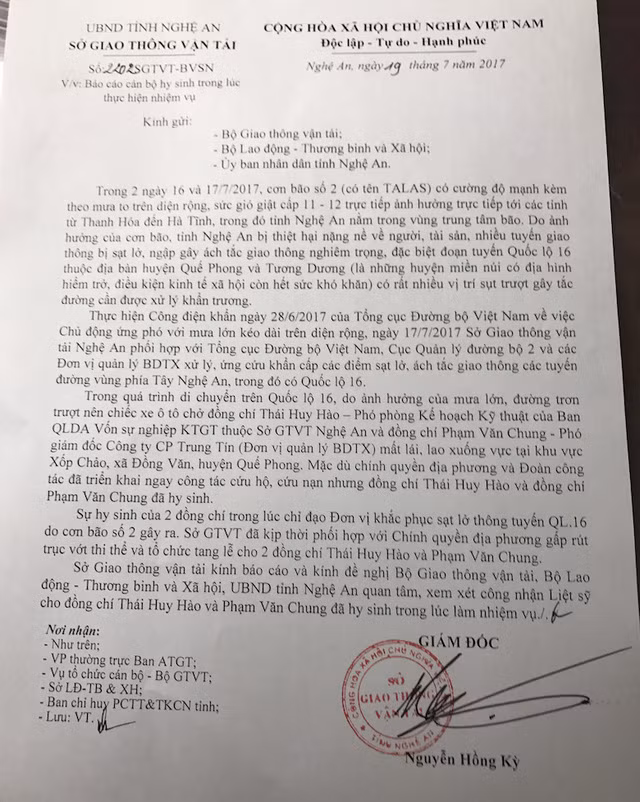 Công văn đề nghị xem xét công nhận liệt sĩ cho 2 cán bộ giao thông tử nạn trên đường đi kiểm tra khắc phục hậu quả bão lũ Công văn đề nghị xem xét công nhận liệt sĩ cho 2 cán bộ giao thông tử nạn trên đường đi kiểm tra khắc phục hậu quả bão lũ