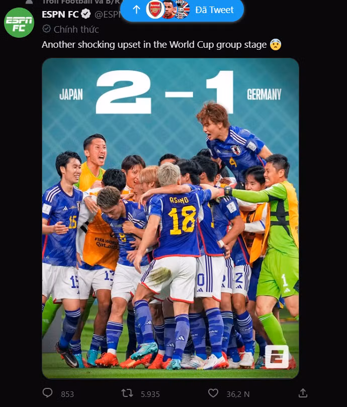 Tài khoản ESPN: "Một sự khó chịu khác của các ông lớn ngay tại vòng bảng". Tài khoản ESPN: "Một sự khó chịu khác của các ông lớn ngay tại vòng bảng".