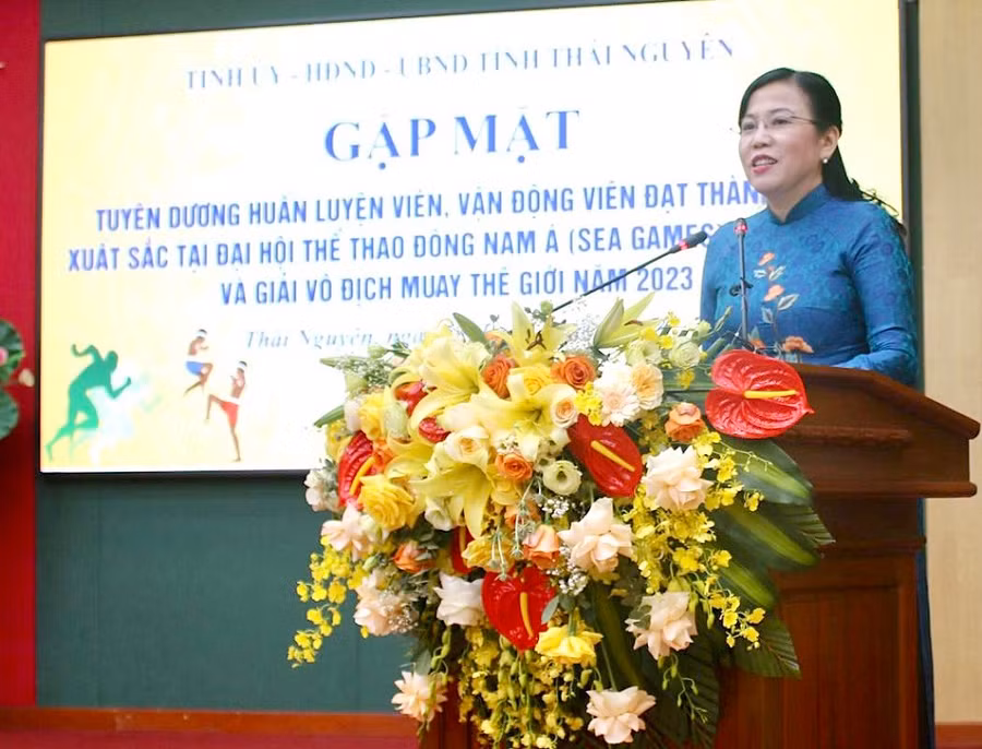 Bí thư Tỉnh ủy Thái Nguyên Nguyễn Thanh Hải phát biểu chúc mừng thành tích của đoàn thể thao Thái Nguyên. Bí thư Tỉnh ủy Thái Nguyên Nguyễn Thanh Hải phát biểu chúc mừng thành tích của đoàn thể thao Thái Nguyên.