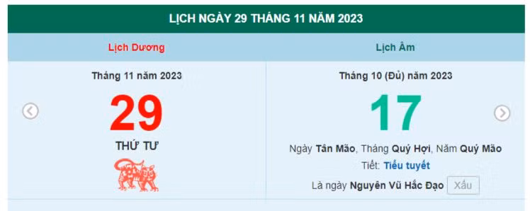 Lịch âm hôm nay - Xem lịch âm ngày 29/11/2023