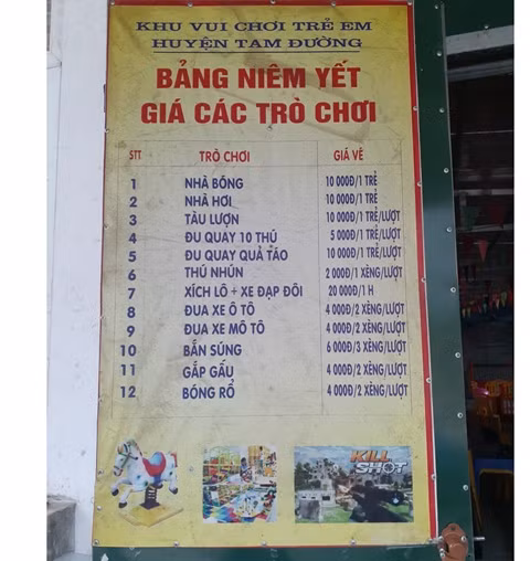 Bảng giá dịch vụ được niêm yết tại điểm vui chơi