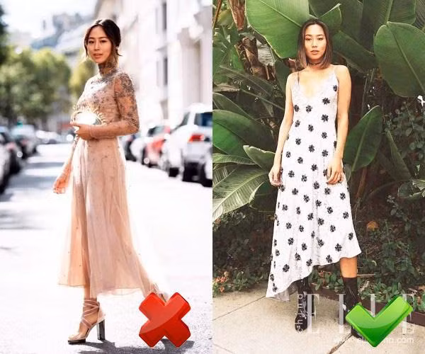 &nbsp;&nbsp;Ở hình bên trái, Aimee Song mặc một chiếc váy cao cổ kín mít và bên phải là chiếc váy khoét cổ chữ V. Rõ ràng, chiếc váy khoét cổ chữ V giúp thân hình cô trông thanh thoát hơn.&nbsp;
