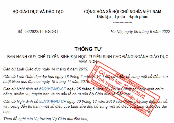 Ảnh chụp màn hình Quy chế tuyển sinh đại học, tuyển sinh cao đẳng ngành giáo dục mầm non ban hành kèm theo Thông tư 08/2022/TT-BGDĐT.