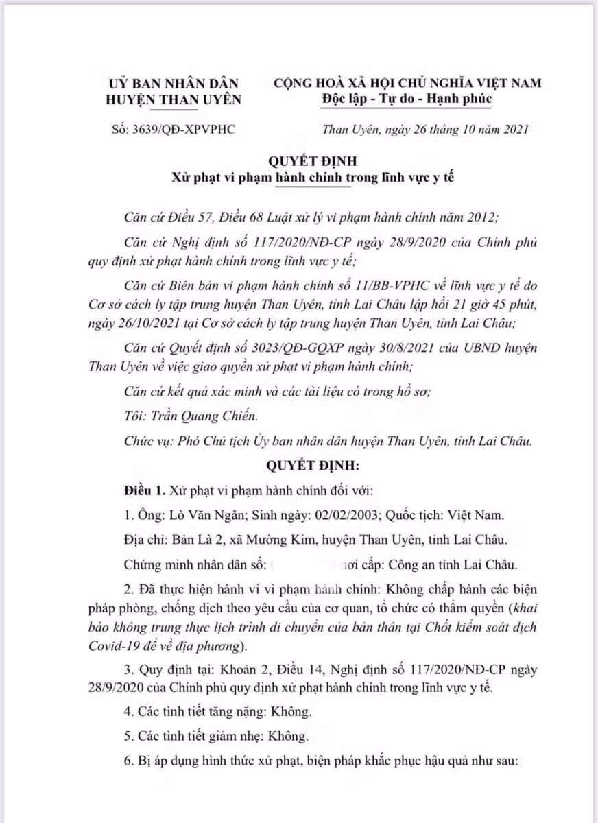 Quyết định xử phạt công dân khai báo y tế không trung thực.