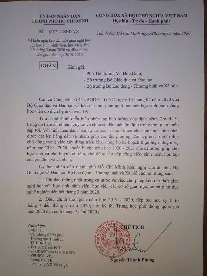 Công văn mới nhất kiến nghị cho học sinh TP.HCM nghỉ học hết tháng 3/2020 của lãnh đạo TP.HCM