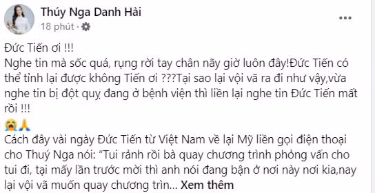 Nghệ sĩ Thúy Nga xót xa chia sẻ lại kỷ niệm gần đây với diễn viên Đức Tiến