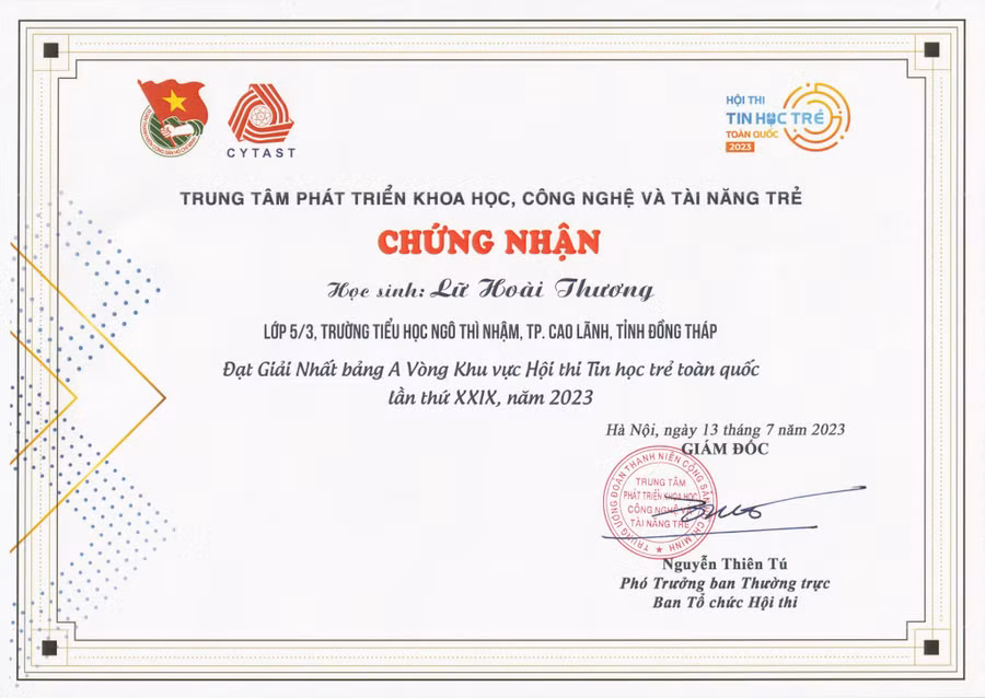 Thành tích của em Hoài Thương tại bảng A Vòng Khu vực.