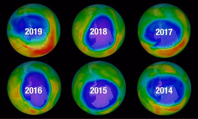 Hình ảnh lỗ thủng của tầng Ozone được thu nhỏ lại theo từng năm (Nguồn: NASA).