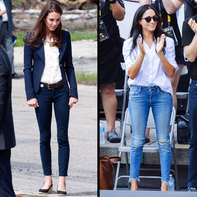Quần skinny kết hợp sơ mi trắngTrong các dịp đòi hỏi diện mạo năng động, trẻ trung hơn, hai nàng dâu hoàng gia đều áp dụng công thức mix đồ đơn giản mà hiệu quả này.