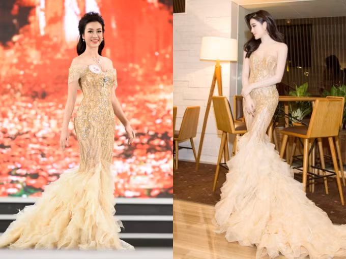 Trong đêm chung kết Hoa hậu Việt Nam 2016, Mỹ Linh diện một chiếc váy gần giống với bộ váy Huyền My từng mặc. Điểm khác biệt duy nhất là chiếc váy phiên bản của Mỹ Linh được gắn thêm trang sức đá và phần vai choàng để tăng thêm sự nổi bật. Đỗ Mỹ Linh nhiều lần - 1