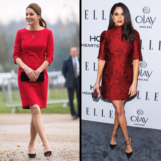 Sắc đỏKate và Meghan chứng minh rằng không có lý do gì để bạn ngại mặc màu này. Dù với hoạt động ban ngày hay sự kiện buổi tối, phái đẹp vẫn thêm phần cuốn hút khi khoác trên mình bộ cánh tone đỏ nổi bật.