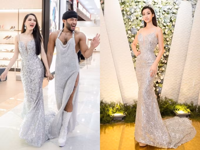 Chiếc váy của nhà thiết kế Chung Thanh Phong tôn lên vóc dáng hai nàng hoa hậu Hương Giang và Mỹ Linh. Cả hai còn trùng hợp nhau về kiểu tóc suôn thẳng tự nhiên, khoe phần cổ và vai gợi cảm. Đỗ Mỹ Linh nhiều lần - 4