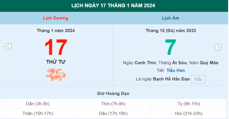 Lịch âm hôm nay - Xem lịch âm ngày 17/1
