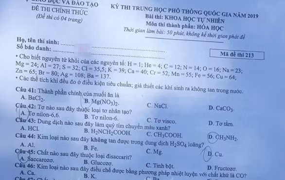 Lời giải môn Hóa kỳ thi THPT quốc gia 2019