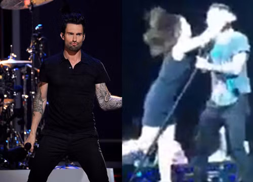 Tháng 4/2015, Adam Levine biểu diễn cùng nhóm Maroon 5 tại Anaheim, California. Một người hâm mộ nữ bất ngờ nhảy lên sân khấu và lao vào anh. Theo tờ Us Weekly, Adam Levine nhanh chóng dùng tay chặn lại sau vài lần fan nữ lao vào. Bảo vệ nhanh chóng tiếp cận để đưa cô gái rời sân khấu. nhung-sao-ngoai-tung-bi-tan-cong-khi-dang-bieu-dien-3