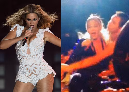 Năm 2013, Beyonce bị một người hâm mộ lao lên sân khấu ở Sao Paulo, Brazil, áp sát, ôm ghì lấy khiến cô ngã xuống sàn. Người này muốn đưa Beyonce về nhà để giữ cho riêng mình. Bảo vệ sau đó giải cứu ca sĩ. Khi sự việc được kiểm soát, Beyonce bắt tay người hâm mộ và tiếp tục màn biểu diễn. nhung-sao-ngoai-tung-bi-tan-cong-khi-dang-bieu-dien-2