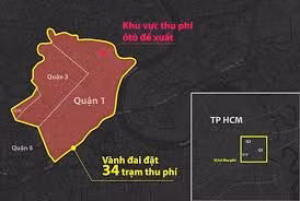Khu vực thu phí được ITD đề xuất (bên trong đường màu đỏ). Đồ họa: Hoàng Khánh.