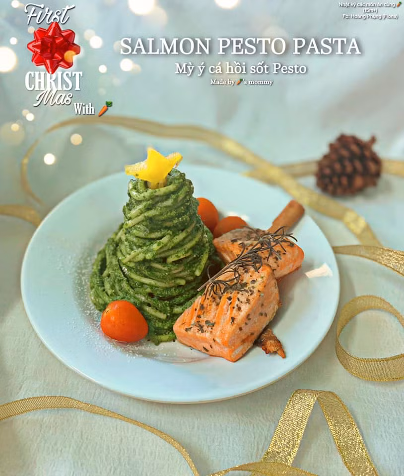 Mỳ ý cá hồi sốt Pesto.