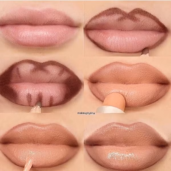 Để đôi môi trông đầy đặn hơn, hãy viền môi với chì đậm màu hơn màu son một tone,