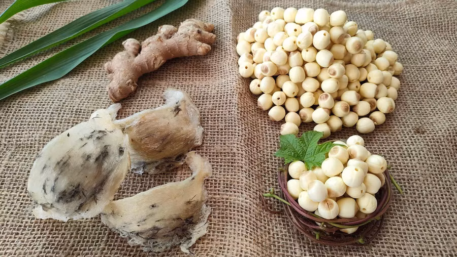 Tổ yến, hạt sen, gừng, đường phèn. Tổ yến, hạt sen, gừng, đường phèn.