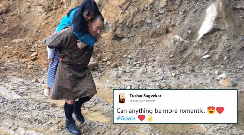 ÔngTshering Tobgay khoe ảnh cõng vợ trên mạng. Ảnh: Indiatimes.