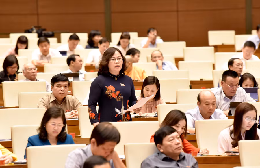 Đại biểu Ngô Thị Minh phát biểu tại hội trường. Ảnh: Quang Khánh