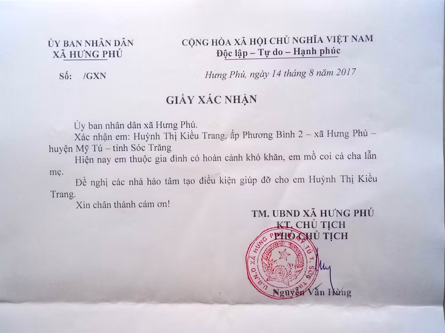 Xác nhận của UBND xã Hưng Phú Xác nhận của UBND xã Hưng Phú