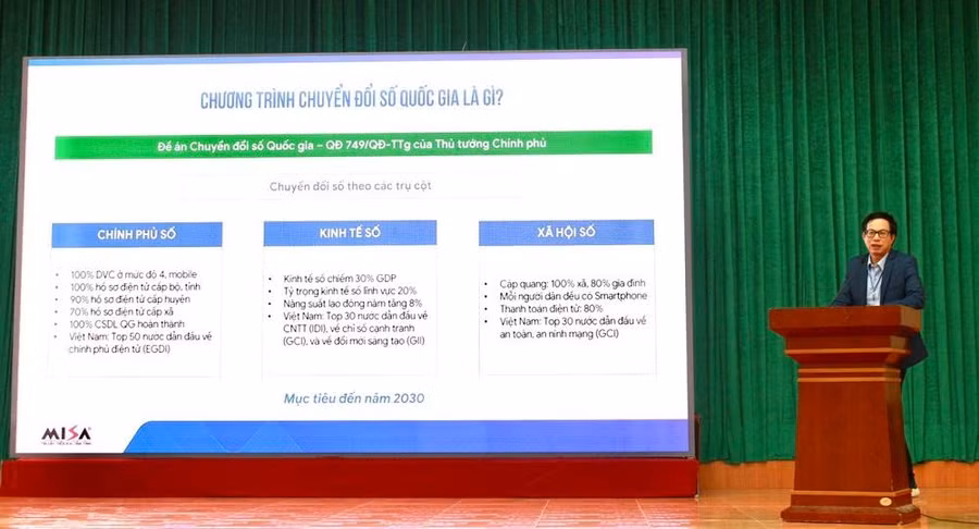 Ông Nguyễn Xuân Hoàng, phó Chủ tịch HĐQT công ty MISA với tham luận chuyển đổi số Quốc gia và cơ hội cho sinh viên lĩnh vực CNTT&TT. Ông Nguyễn Xuân Hoàng, phó Chủ tịch HĐQT công ty MISA với tham luận chuyển đổi số Quốc gia và cơ hội cho sinh viên lĩnh vực CNTT&TT.